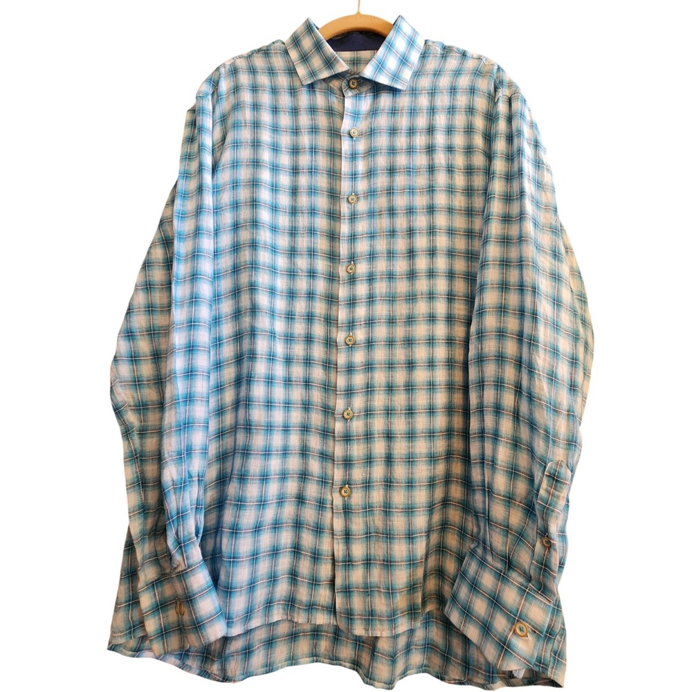 Marcello Sport Linen Shirt Mens L Blue Plaid NWOT Breathable Coastal Vacation